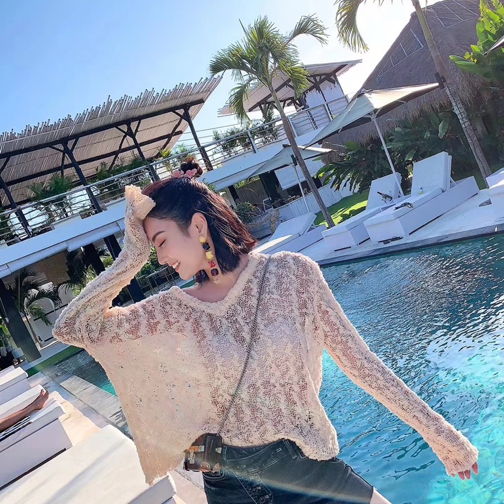 June Eleven Open Knit Sheer Elegant V-Neck Sweater in Cream - Picture 8 of 8